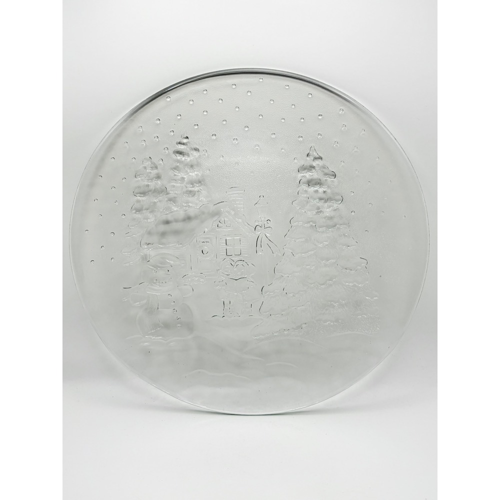 Libbey Glass Christmas Serving Platter 13" Clear Snowman Village Winter Carolers